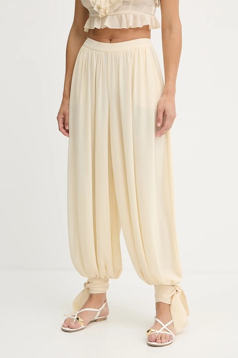 Bardot pantaloni culoarea bej, lat, high waist, 60039PB