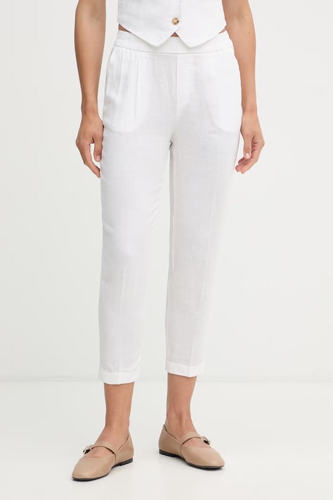 United Colors of Benetton hlače za žene od lana bijele srednje visoki struk 4AGHDF079