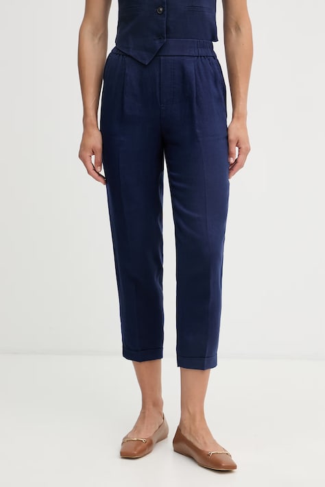 United Colors of Benetton nohavice dámske ľanové tmavomodré high waist 4AGHDF079