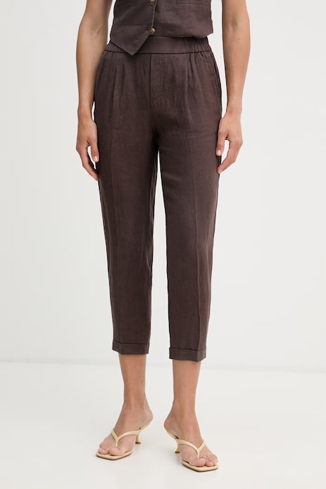 United Colors of Benetton hlače ženske lanene smeđe srednje visoki struk 4AGHDF079