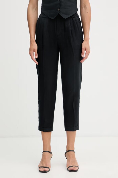 United Colors of Benetton hlače ženske od lana crne srednje visoki struk 4AGHDF079