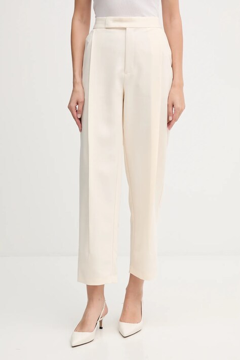 OUI spodnie damskie kolor beżowy fason cygaretki high waist 85747