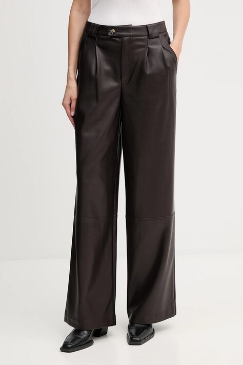 OUI spodnie damskie kolor brązowy szerokie high waist 85735
