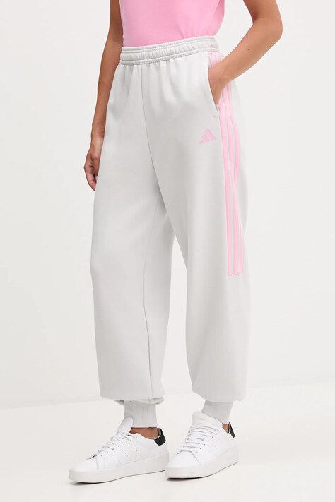Tepláky adidas Tiro 3 Stripes Fleece Pants dámské, šedá barva, s potiskem, JM9070