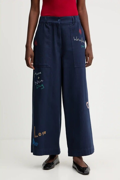 Weekend Max Mara pantaloni de bumbac LOTUS culoarea bleumarin, lat, high waist, 2525136011600