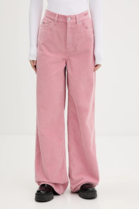 Tommy Jeans spodnie sztruksowe damskie kolor różowy dzwony high waist DW0DW21700