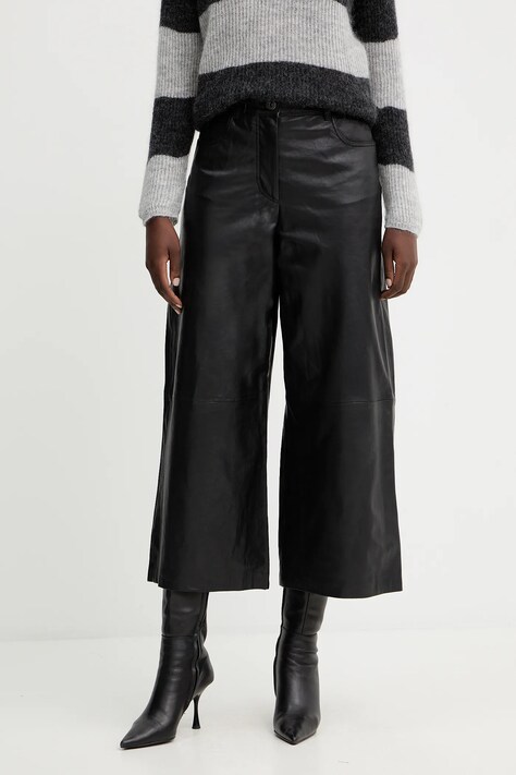 Weekend Max Mara pantaloni de piele BLANC culoarea negru, lat, high waist, 2525436012600