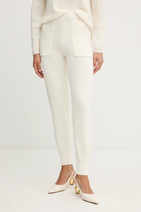 Twinset spodnie z dodatkiem wełny damskie kolor beżowy high waist 252TT3452