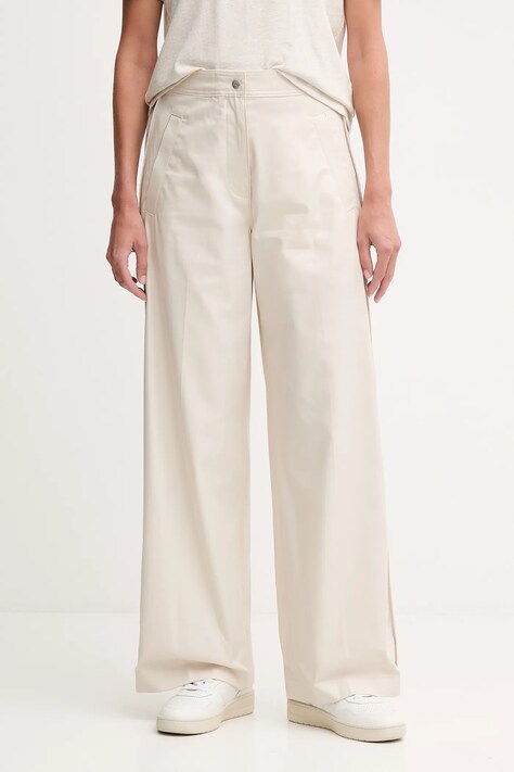 Calvin Klein Jeans spodnie bawełniane damskie kolor beżowy szerokie high waist LV044D612G
