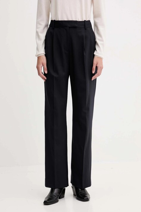 Tommy Hilfiger spodnie z dodatkiem wełny damskie kolor granatowy szerokie high waist WW0WW48352