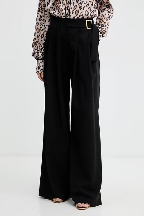 Marella spodnie wełniane damskie kolor czarny szerokie high waist 2523136022200