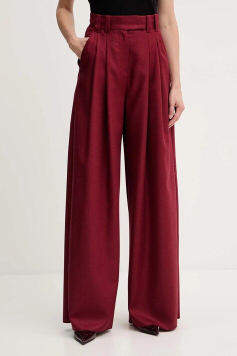 Marella spodnie wełniane damskie kolor bordowy szerokie high waist 2523136182200