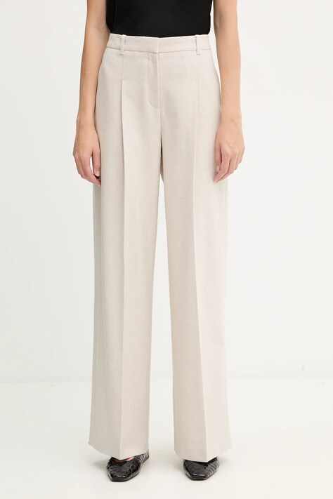 Kalhoty s vlnou BOSS dámské, bílá barva, high waist, 50548280