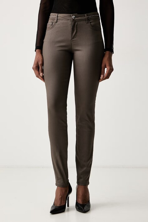 Morgan Spodnie slim fit damskie z bawełną brązowe low waist PALAO