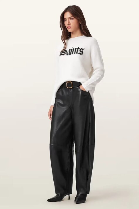 Kožené kalhoty AllSaints JETT dámské, černá barva, široké, high waist, W026TD