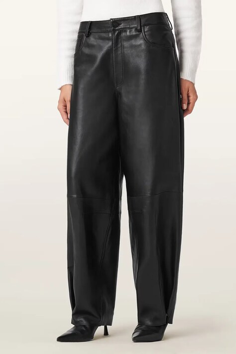 Kožené kalhoty AllSaints JETT dámské, černá barva, široké, high waist, W026TD