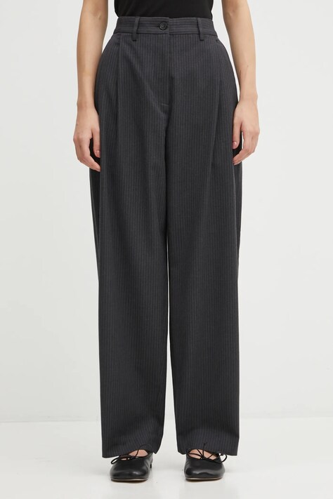 Maison Kitsuné pantaloni cu lână Double Pleated culoarea gri, drept, high waist, PW01126WT3022