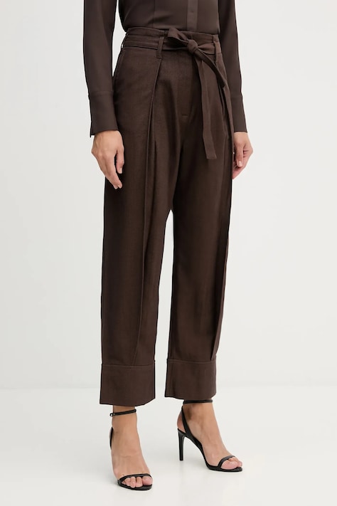 Sisley spodnie damskie kolor brązowy szerokie high waist 4ETSLF082