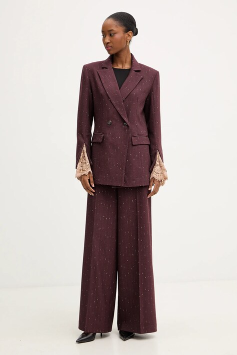 Haveone spodnie damskie kolor bordowy szerokie high waist PGE-P065