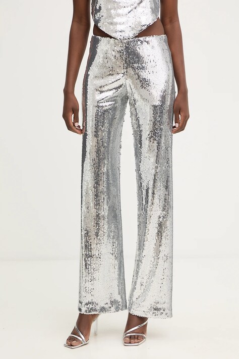 Haveone spodnie damskie kolor srebrny szerokie high waist PGE-P259