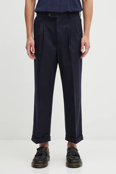 Kalhoty s příměsí vlny Drôle de Monsieur Le Pantalon Plis Cropped tmavomodrá barva, I.BP192.WV008