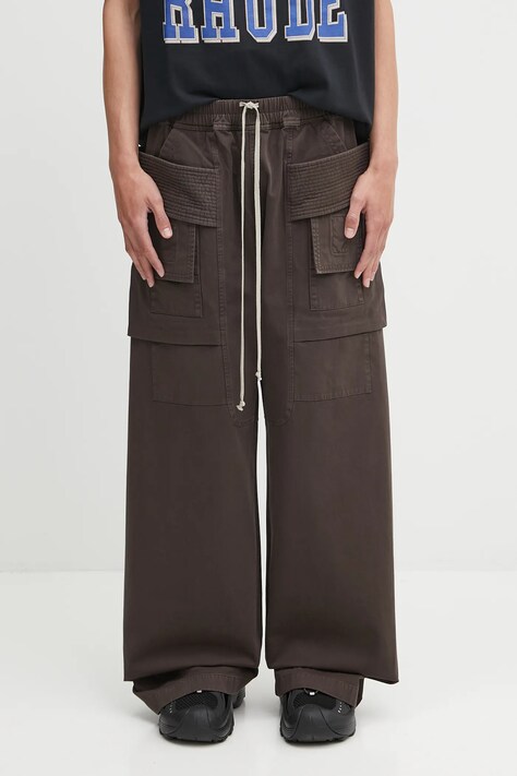 Rick Owens DRKSHDW pantaloni de bumbac Creatch Wide Cargo Drawstring bărbați, culoarea gri, drepți DU02E7394.TW