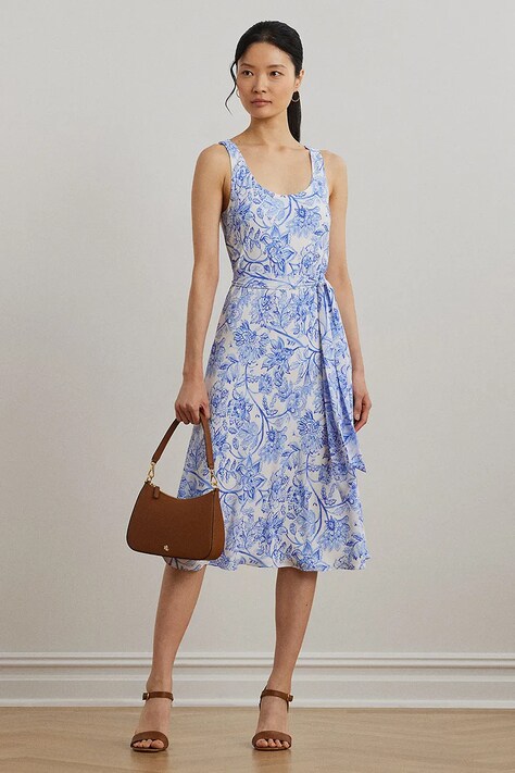 Lauren Ralph Lauren rochie culoarea alb, midi, evazată, 200973375