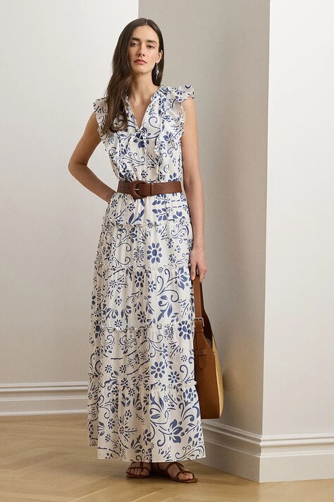 Lauren Ralph Lauren rochie din bumbac culoarea alb, maxi, evazati, 200973595