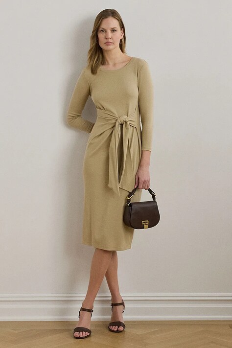 Lauren Ralph Lauren sukienka kolor beżowy midi dopasowana 200973598