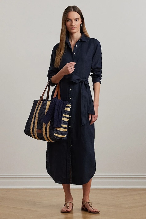 Lauren Ralph Lauren rochie din in culoarea bleumarin, midi, evazati, 200978672