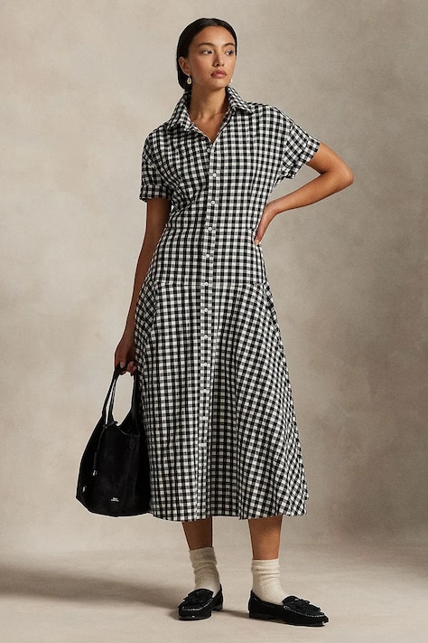 Bavlnené šaty Polo Ralph Lauren čierna farba, midi, áčkový strih, 211A89374