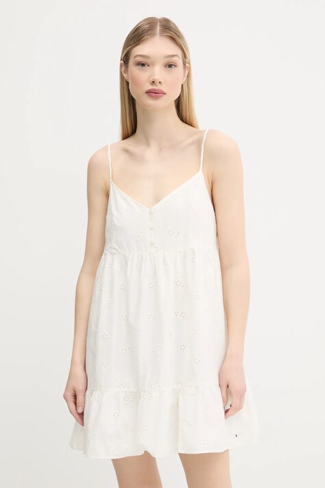 Bavlněné šaty Tommy Jeans béžová barva, mini, DW0DW21165