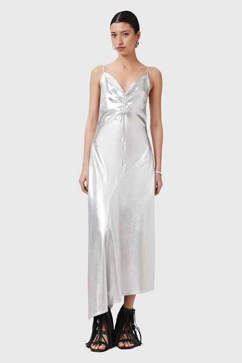AllSaints rochie ALEXIA culoarea argintiu, midi, dreaptă, W203DC