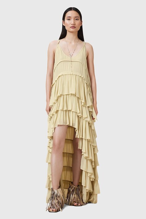 AllSaints rochie CAVARLY culoarea galben, maxi, evazată, W206DC
