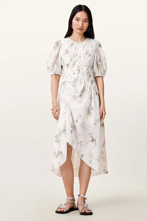 AllSaints rochie SERENE culoarea alb, midi, evazați, W209DC