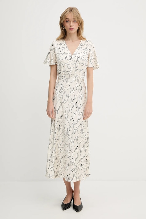 Karl Lagerfeld rochie culoarea bej, maxi, evazati, A3W13029