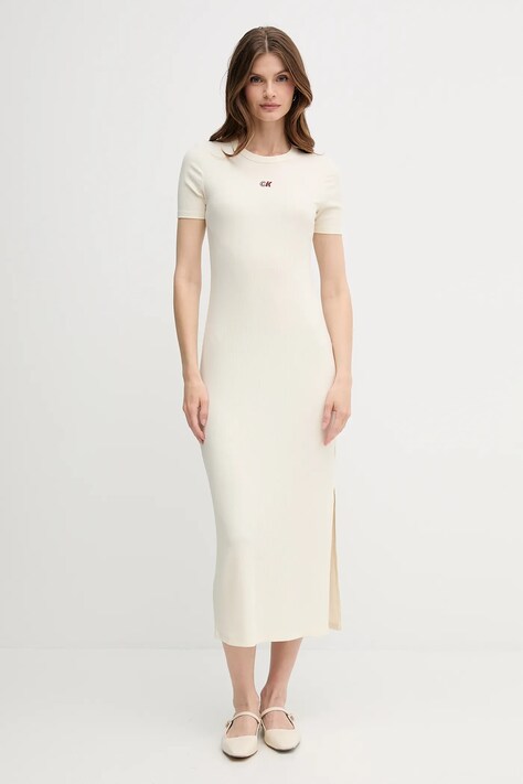 Calvin Klein Jeans rochie culoarea bej, maxi, dreaptă, LV044C902G