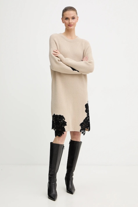 Šaty s příměsí vlny Pinko béžová barva, mini, oversize, 105504 A2R1