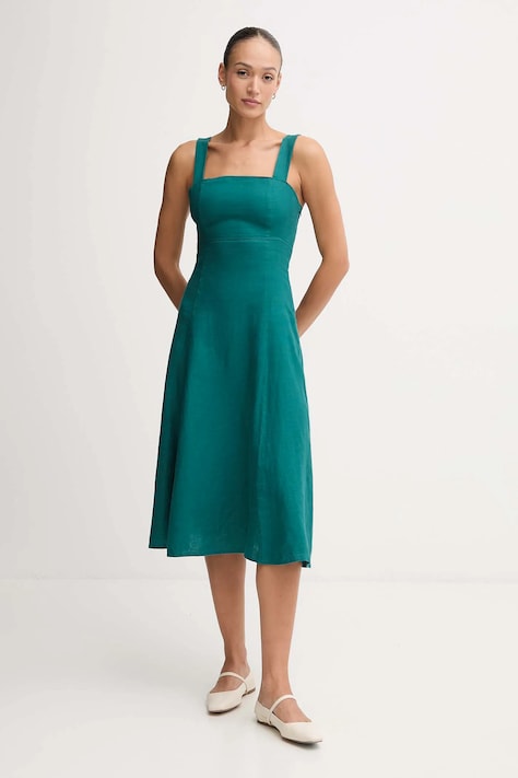 Льняна сукня United Colors of Benetton колір зелений midi розкльошена 4AGHDV0AG