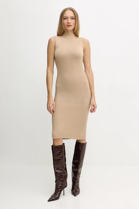 Armani Exchange sukienka z dodatkiem wełny kolor beżowy mini dopasowana XW001308 AF13774