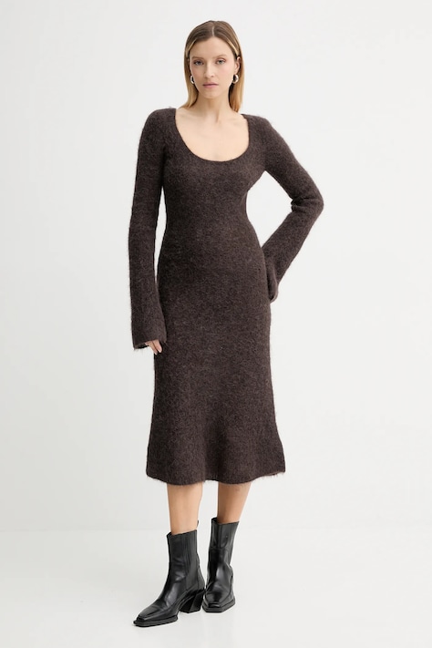 American Vintage rochie din lână culoarea maro, midi, evazați, NEN14A