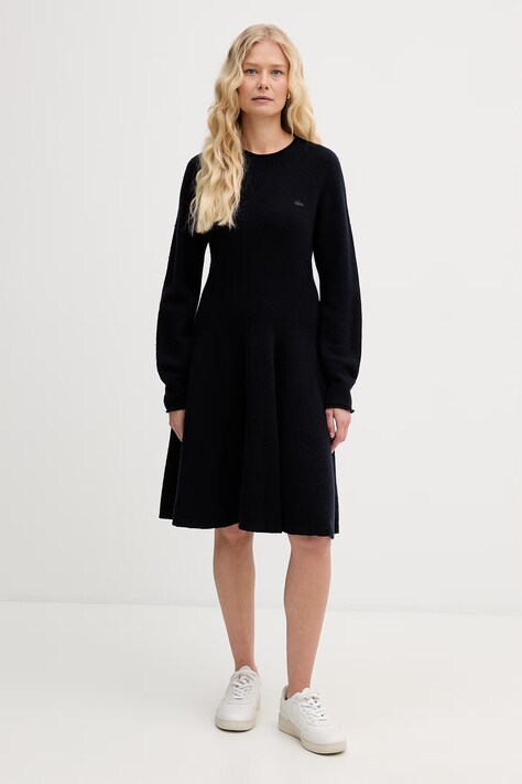 Vlnené šaty Lacoste tmavomodrá farba, mini, áčkový strih, EF4161