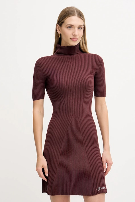 Guess rochie cu lână JULIA culoarea maro, mini, mulată, W5BK78 Z3OW2