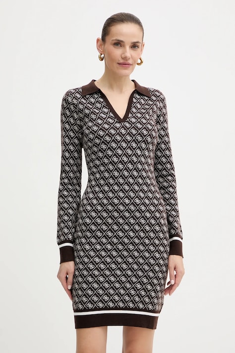 Šaty z vlněné směsi Guess AUBREY hnědá barva, mini, přiléhavé, W5BK25 Z3JD2