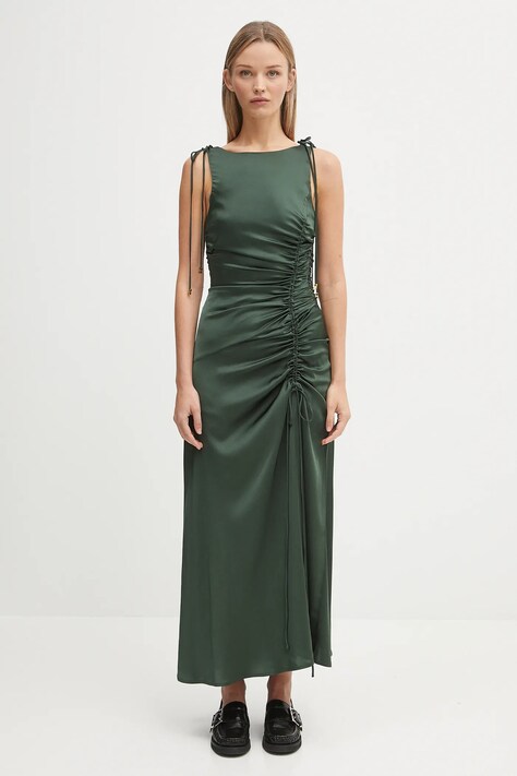 GANNI sukienka Solid Stretch Satin Gathered Long kolor zielony maxi dopasowana W0739