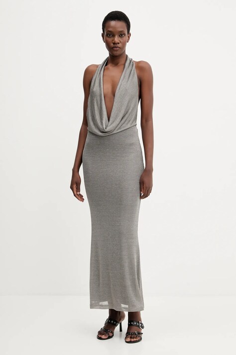 Bardot sukienka kolor srebrny midi dopasowana 59814DB1