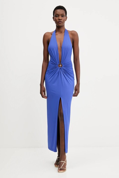 Bardot sukienka kolor fioletowy maxi dopasowana 59914DB