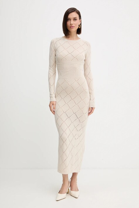 Vlněné šaty Twinset béžová barva, maxi, přiléhavé, 252TP3470