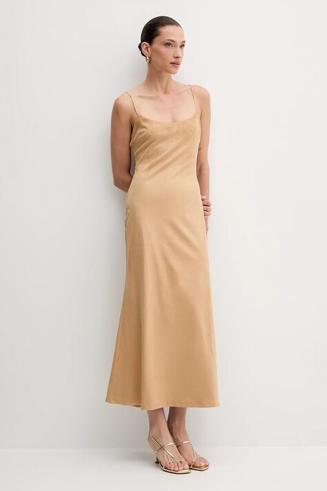 Bardot rochie culoarea maro, midi, evazați, 59194DB3