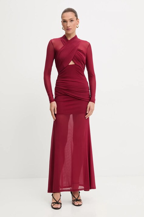 Bardot sukienka kolor bordowy maxi dopasowana 59987DB